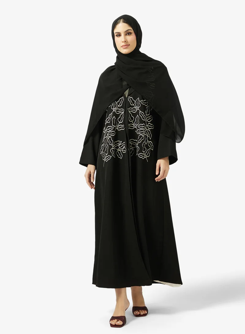 hayas closet Embroidered And Embellished Open Front Wide Lapel Collar Abaya